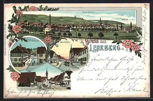 Lithographie Lehrberg, Gesamtansicht mit Bahnhof, Schloss m. d. Schulhäusern, Marktplatz