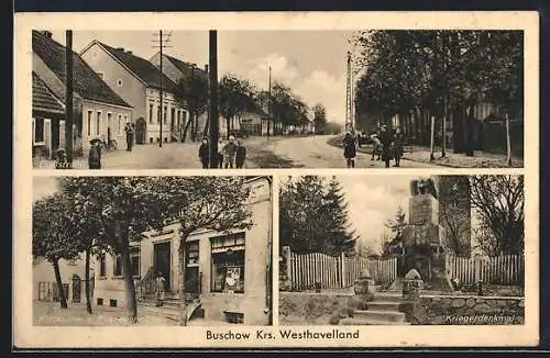 AK Buschow /Westhavelland, Kolonialwarengeschäft von E. Lensche, Dorfstrasse und Kriegerdenkmal