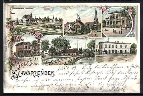 Lithographie Schwarzenbek, Kirche, Sparkasse und Bahnhof