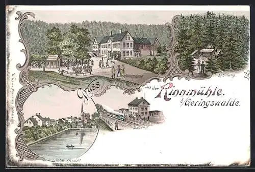 Lithographie Geringswalde, Gasthof Rinnmühle, Bahnhof und Total-Ansicht