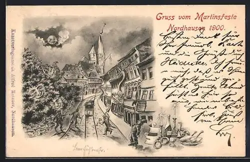 Künstler-AK Nordhausen, Martinsfest 1900, Betrunkene auf schwankender Strasse