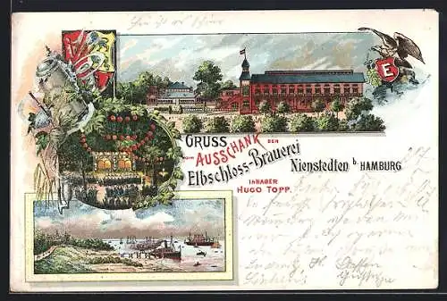 Lithographie Hamburg-Nienstedten, Gasthaus der Elbschloss-Brauerei an der Elbe