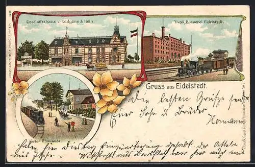 Lithographie Hamburg-Eidelstedt, Geschäftshaus v. Lüdgens & Hein, Kieler Chaussee, Tivoli Brauerei