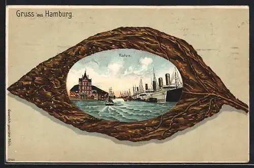 Passepartout-Lithographie Hamburg, Hafen mit Dampfschiffen, Herbstblatt