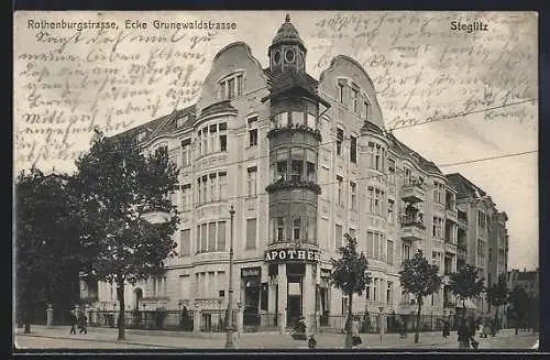 AK Berlin-Steglitz, Rothenburgstrasse, Ecke Grunewaldstrasse mit Passanten an der Apotheke