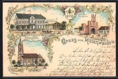 Lithographie Mittenwalde / M., Schützenhaus O. Goldschmidt, Stadttor, Pulverturm, St. Moritzkirche, Pferdekutsche