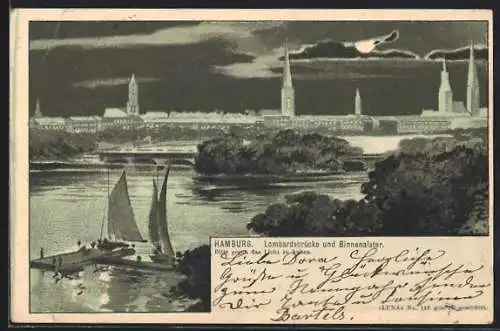 Lithographie Hamburg-Neustadt, Lombardsbrücke und Binnenalster, Halt gegen das Licht