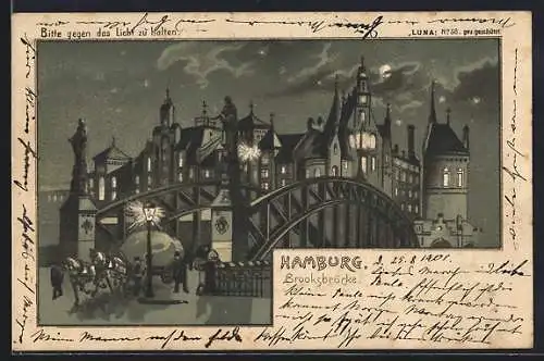 Mondschein-Lithographie Hamburg, Brooksbrücke und Fuhrwerk, Halt gegen das Licht