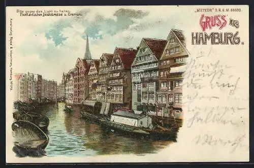 Lithographie Hamburg, Fleet zwischen Deichstrasse und Cremon, Leuchtende Fenster bei Halt gegen das Licht