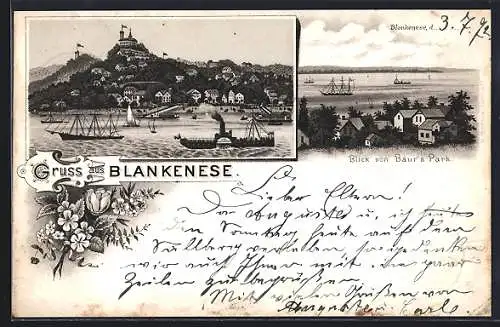 Vorläufer-Lithographie Hamburg-Blankenese, 1892, Blick vom Gasthof Baurs Park, Süllberg-Panorama