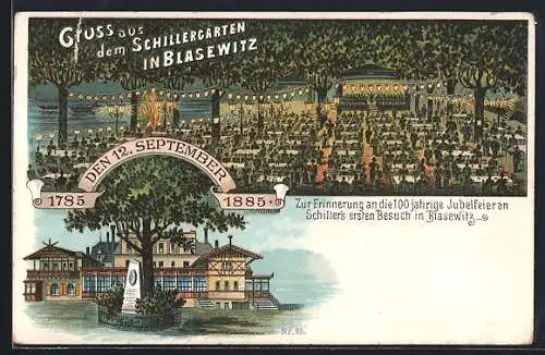 Lithographie Dresden-Blasewitz, Gasthaus Schillergarten, 100 jähr. Jubelfeier zu Schiller`s 1. Besuch