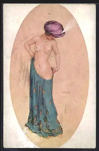 Künstler-AK Raphael Kirchner: Halbnackte Dame in Perlenkette und Turban