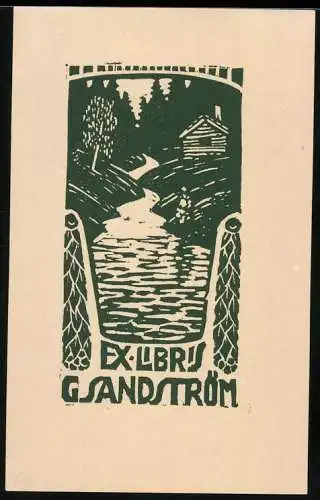 Exlibris G. Sandström, Bachlauf mit Blockhaus