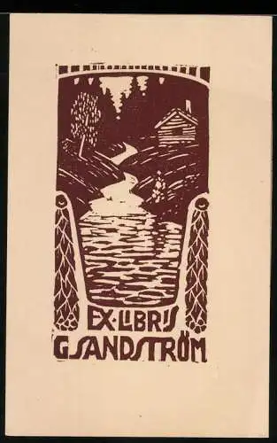 Exlibris G. Sandström, Bachlauf mit Blockhaus