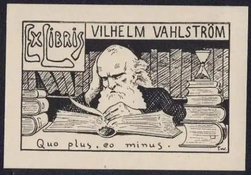 Exlibris Vilhelm Vahlström, betagter Mann mit Vollbart liest ein Buch, Bücherstapel, Sanduhr