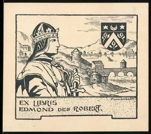 Exlibris von Pierre Ansart für Edmond Des Robert, Adliger mit Krone & Schwert, Stadtmauer & Wappen