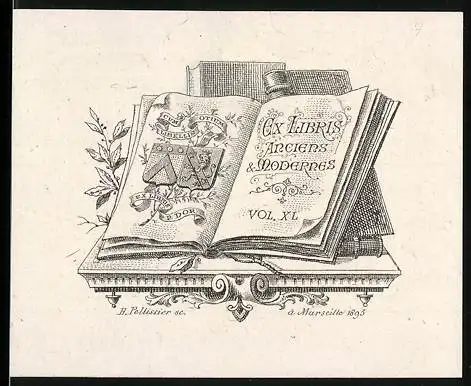 Exlibris von H. Pellissier für P. Dor, offenes Buch mit Wappen