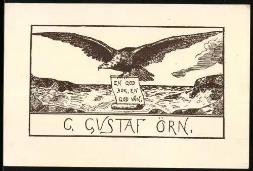 Exlibris Gustaf Örn, Adler im Flug über der Küste