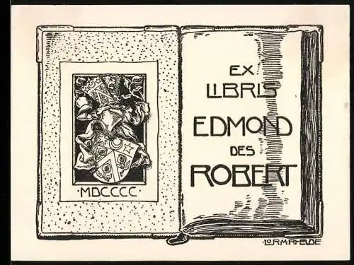Exlibris von Lorenz M. Rheude für Edmond Des Robert, Buch Einband mit Wappen