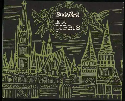 Exlibris Budapest, Stadtansicht mit Brücke und Kirchtürmen