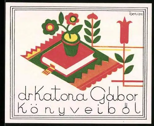 Exlibris Dr. Katona Gabor, Blumentopf auf Buch stehend