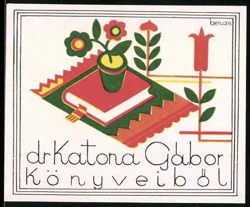 Exlibris Dr. Katona Gabor, Blumentopf auf Buch stehend