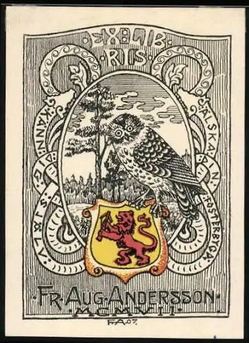 Exlibris Fr. Aug. Andersson, Eule auf Wappen stehend