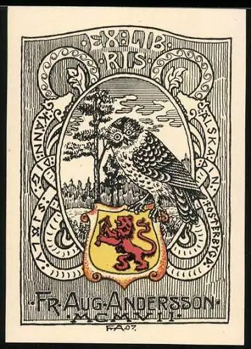 Exlibris Fr. Aug. Andersson, Eule auf Wappen stehend