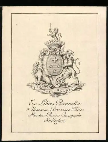 Exlibris Brunetta d' Usseaux Brusasco Alice Monteu-Roero Casagnoto Sulitzkoe, Wappen mit Löwen