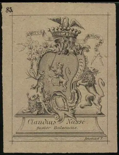 Exlibris Claudius Nasse pastor Balzeacus, Wappen mit Krone nebst Löwe