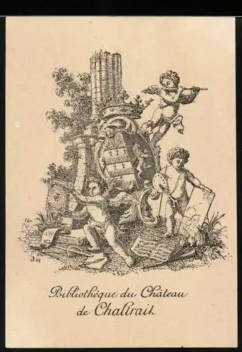 Exlibris Bibliotheque du Chateau de Chaltrait, Wappen von Putten umgeben