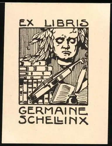 Exlibris Germaine Schellinx, Büste, Violine, Schreibzeug und Bücher