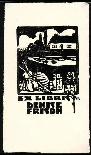 Exlibris von F. Lantoine für Denise Frison, Anwesen mit Garten, Violine & Bücher