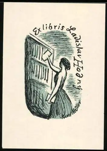 Exlibris von Karl Müller für Ladislav Hodny, Frau verstaut Bücher im Bücherregal