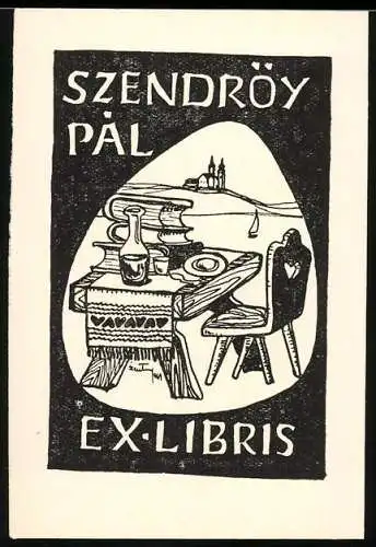 Exlibris Pal Szendröy, gedeckter Tisch mit Büchern steh in der Landschaft herum