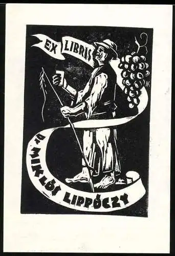 Exlibris Dr. Miklos Lippoczy, Winzer mit Glas, Weintraube