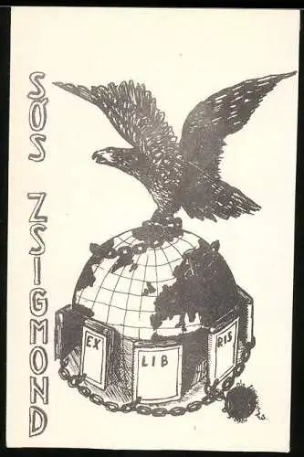 Exlibris Zsigmond, Adler in Ketten auf Globus sitzend