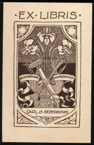 Exlibris Carlo Segerberg, Hammer, Blasinstrument & Lyra