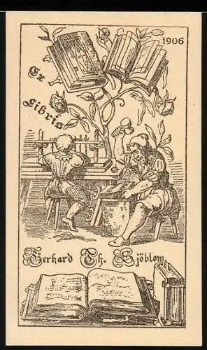 Exlibris Bierhard Th. Sjöblom, Buchdruckerei, Drucker während der Arbeit