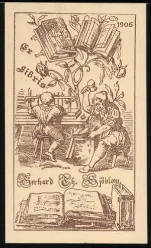 Exlibris Bierhard Th. Sjöblom, Buchdruckerei, Drucker während der Arbeit