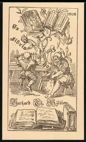 Exlibris Bierhard Th. Sjöblom, Buchdruckerei, Drucker während der Arbeit