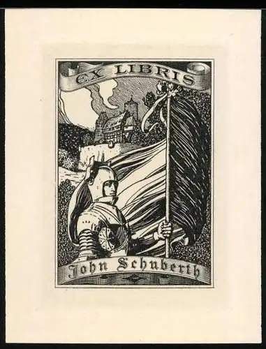 Exlibris John Schuberth, Ritter mit Fahne, Burg im Hintergrund