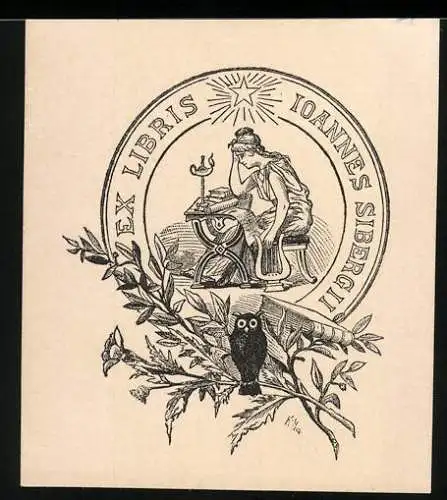 Exlibris Ioannes Sibergii, Dame liest Dokumente, Eule auf Zweig sitzend