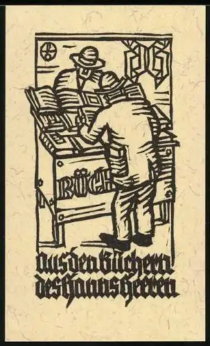 Exlibris von Ott Feil für Hanns Heeren, Männer durchstöbern Bücher