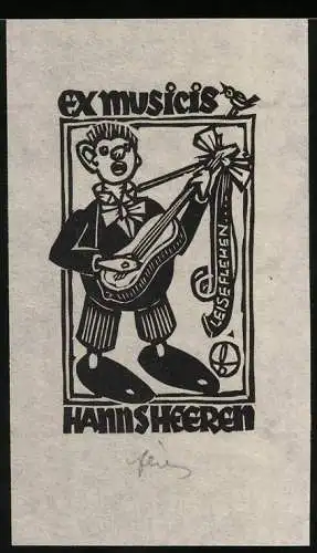 Exlibris von Otto Feil für Hanns Heeren, Knabe spielt Gitarre