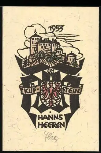 Exlibris Hanns Heeren, Kufstein, Stadtansicht und Wappen