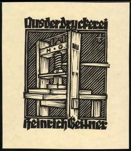 Exlibris Heinrich Geitner, Druckerei, Druckpresse - Spindelpresse mit Initialen