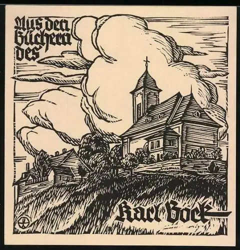 Exlibris Karl Bock, Kirche & Gehöft am Rand eines Ortes