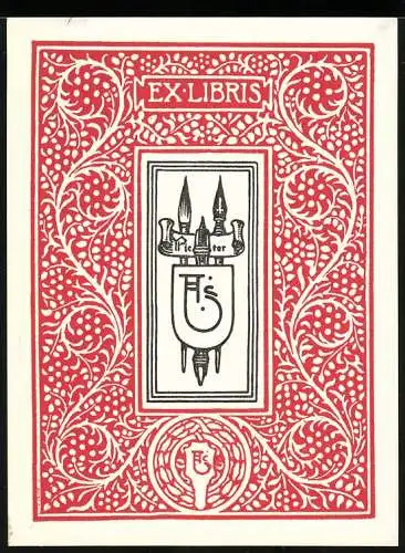 Exlibris Schreibfedern, Banner, Initialen, Ornamente