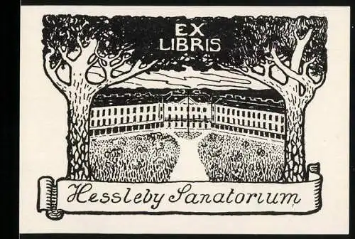 Exlibris Hessleby Sanatorium, Gebäudeansicht zwischen Bäumen